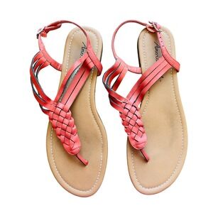 American Eagle‎ Coral Sandals Woven Strappy Thong Ankle Buckle Size 9.5